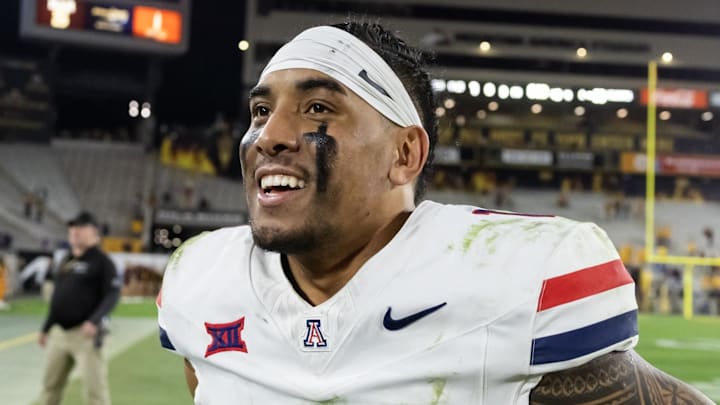 Nov 28, 2025; Tempe, Arizona, USA; Arizona Wildcats quarterback Noah Fifita (1) after defeating the Arizona State Sun Devils in the 99th Territorial Cup at Mountain America Stadium. Mandatory Credit: Mark J. Rebilas-Imagn Images