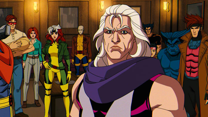(L-R): Bishop (voiced by Isaac Robinson-Smith), Cyclops (voiced by Ray Chase), Jean Grey (voiced by Jennifer Hale), Rogue (voiced by Lenore Zann), Morph (voiced by JP Karliak), Magneto (voiced by Matthew Waterson), Wolverine (voiced by Cal Dodd), Jubilee (voiced by Holly Chou), Beast (voiced by George Buza), and Gambit (voiced by AJ LoCascio) in Marvel Animation's X-MEN '97. Photo courtesy of Marvel Animation. © 2024 MARVEL.
