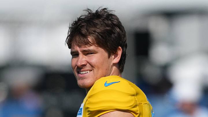 Aug 7, 2025; El Segundo, CA, USA; Los Angeles Chargers quarterback Justin Herbert (10) reacts during training camp at The Bolt. Mandatory Credit: Kirby Lee-Imagn Images