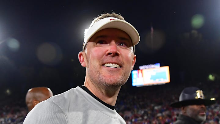 Nov 19, 2022; Pasadena, California, USA; Southern California Trojans head coach Lincoln Riley reacts following the victory against the UCLA Bruins at the Rose Bowl. Mandatory Credit: Gary A. Vasquez-Imagn Images