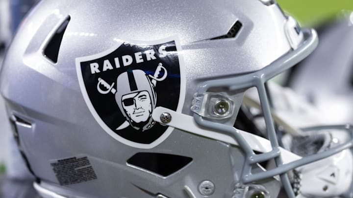 Aug 23, 2025; Glendale, Arizona, USA; Detailed view of a Las Vegas Raiders helmet during a preseason NFL game at State Farm Stadium. Mandatory Credit: Mark J. Rebilas-Imagn Images Aug 23, 2025; Glendale, Arizona, USA; Detailed view of a Las Vegas Raiders helmet during a preseason NFL game at State Farm Stadium. Mandatory Credit: Mark J. Rebilas-Imagn Images