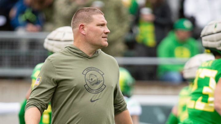 Oregon defensive coordinator Tosh Lupoi walks the field during the Oregon Ducks’ Spring Game Saturday, April 27. 2024 at Autzen Stadium in Eugene, Ore.