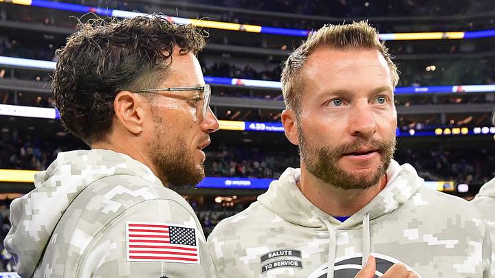 Nov 11, 2024; Inglewood, California, USA; Miami Dolphins head coach Mike McDaniel meets with Los Angeles Rams head coach Sean McVay following the game at SoFi Stadium. Mandatory Credit: Gary A. Vasquez-Imagn Images Nov 11, 2024; Inglewood, California, USA; Miami Dolphins head coach Mike McDaniel meets with Los Angeles Rams head coach Sean McVay following the game at SoFi Stadium. Mandatory Credit: Gary A. Vasquez-Imagn Images