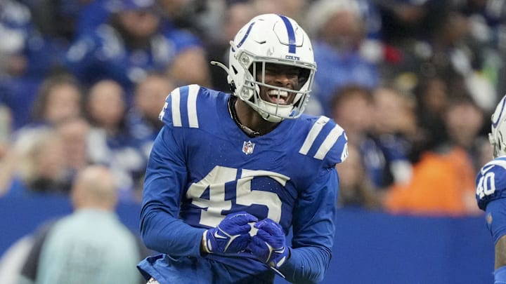 Indianapolis Colts linebacker E.J. Speed reacts after breaking up a pass and nearly making an interception during a game against the Jacksonville Jaguars,