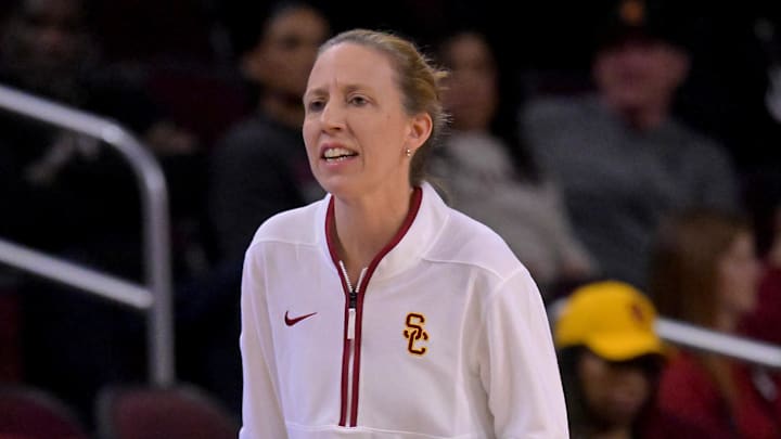 Jan 29, 2026; Los Angeles, California, USA; USC Trojans head coach Lindsay Gottlieb on the bench in the first half against the Iowa Hawkeyes at Galen Center. Mandatory Credit: Jayne Kamin-Oncea-Imagn Images