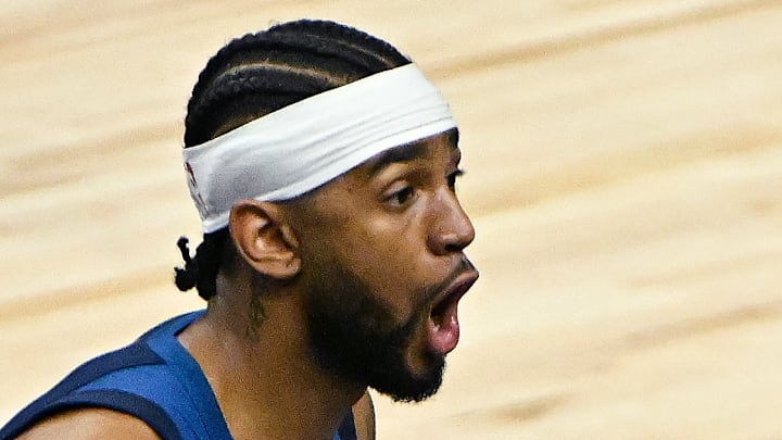 Nickeil Alexander-Walker #0 of the Minnesota Timberwolves reacts against the Oklahoma City Thunder in Game 4 of the Western Conference Semifinals.
