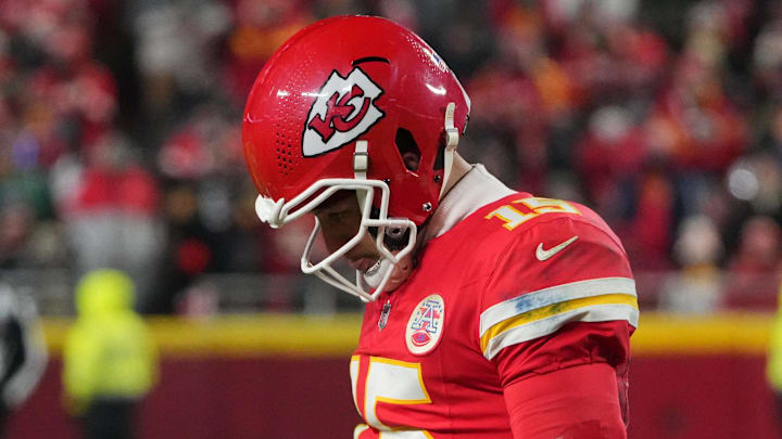 Dec 7, 2025; Kansas City, Missouri, USA; Kansas City Chiefs quarterback Patrick Mahomes (15) lowers his head during the fourth quarter against the Houston Texans at GEHA Field at Arrowhead Stadium. Mandatory Credit: Denny Medley-Imagn Images Dec 7, 2025; Kansas City, Missouri, USA; Kansas City Chiefs quarterback Patrick Mahomes (15) lowers his head during the fourth quarter against the Houston Texans at GEHA Field at Arrowhead Stadium. Mandatory Credit: Denny Medley-Imagn Images