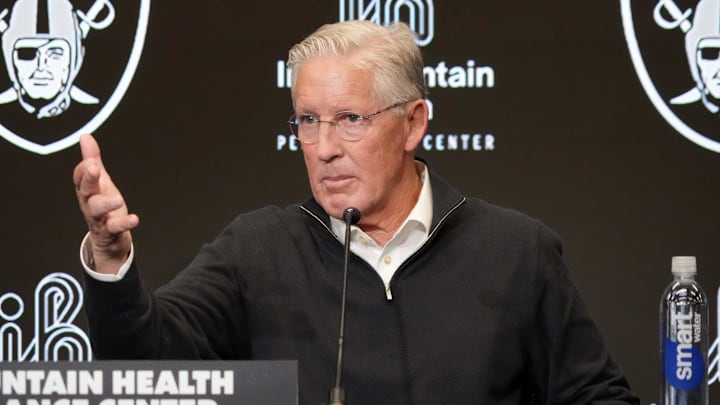 Jan 27, 2025; Las Vegas, NV, USA; Las Vegas Raiders coach Pete Carroll at press conference at Intermountain Health Performance Center. Mandatory Credit: Kirby Lee-Imagn Images