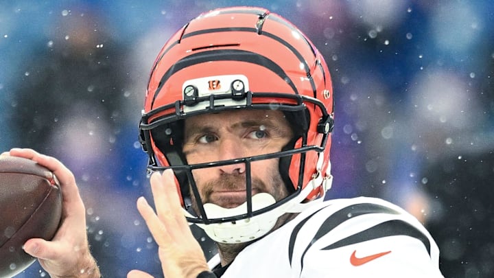 Dec 7, 2025; Orchard Park, New York, USA; Cincinnati Bengals quarterback Joe Flacco (16) warms up before a game against the Buffalo Bills at Highmark Stadium. Mandatory Credit: Mark Konezny-Imagn Images