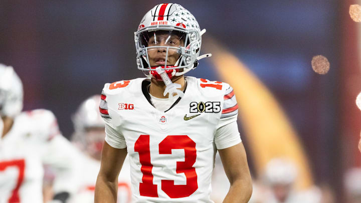Jan 20, 2025; Atlanta, GA, USA; Ohio State Buckeyes wide receiver Bryson Rodgers (13) against the Notre Dame Fighting Irish during the CFP National Championship college football game at Mercedes-Benz Stadium. Mandatory Credit: Mark J. Rebilas-Imagn Images