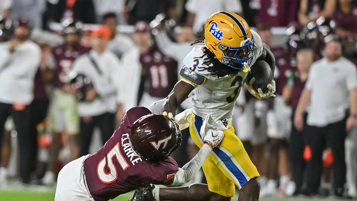 Oct 2, 2026; Blacksburg, Virginia, USA; Pittsburgh Panthers wide receiver Cataurus Hicks (3) runs the ball as Virginia Tech Hokies cornerback Joshua Clarke (5) defends during the second quarter at Lane Stadium. Mandatory Credit: Brian Bishop-Imagn Images Oct 2, 2026; Blacksburg, Virginia, USA; Pittsburgh Panthers wide receiver Cataurus Hicks (3) runs the ball as Virginia Tech Hokies cornerback Joshua Clarke (5) defends during the second quarter at Lane Stadium. Mandatory Credit: Brian Bishop-Imagn Images