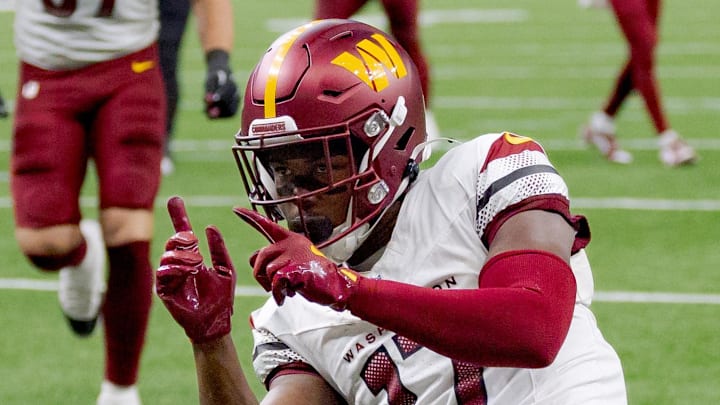 Washington Commanders wide receiver Terry McLaurin celebrates a touchdown.