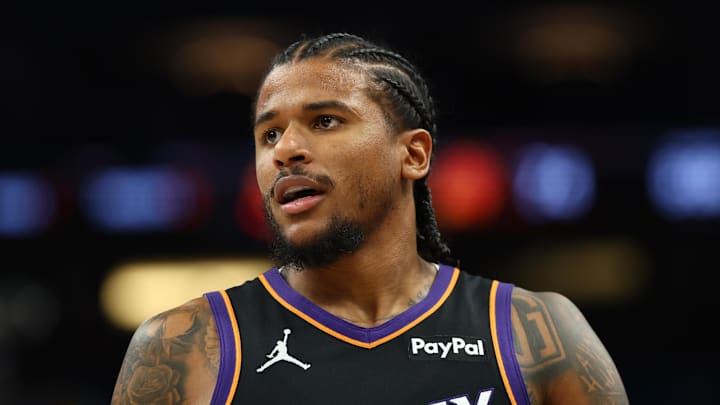 Apr 27, 2026; Phoenix, Arizona, USA; Phoenix Suns guard Jalen Green (4) against the Oklahoma City Thunder during game four of the first round of the 2026 NBA Playoffs at Mortgage Matchup Center. Mandatory Credit: Mark J. Rebilas-Imagn Images
