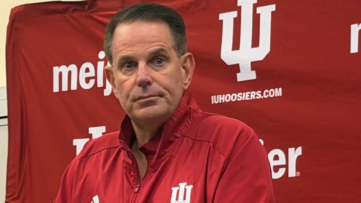 Indiana football coach Curt Cignetti speaks to reporters Oct. 27, 2025, at Memorial Stadium in Bloomington.