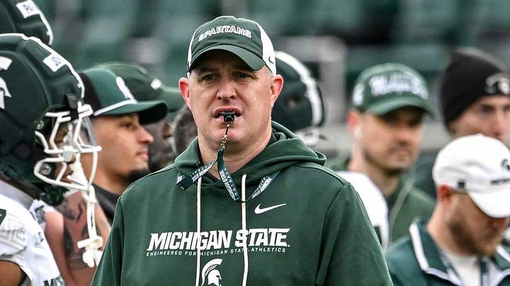 Michigan State's head coach Pat Fitzgerald looks on during the football Spring Showcase on Saturday, April 18, 2026, at Spartan Stadium in East Lansing. Michigan State's head coach Pat Fitzgerald looks on during the football Spring Showcase on Saturday, April 18, 2026, at Spartan Stadium in East Lansing.