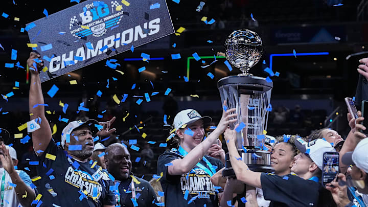 UCLA Bruins celebrates Sunday, March 8, 2026, after the Big Ten Tournament Championship game at Gainbridge Fieldhouse in Indianapolis. UCLA Bruins defeated the Iowa Hawkeyes, 96-45, for back to back Big Ten championships.