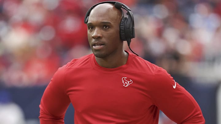 Nov 26, 2023; Houston, Texas, USA; Houston Texans head coach DeMeco Ryans looks on from the sideline during the first quarter against the Jacksonville Jaguars at NRG Stadium. Mandatory Credit: Troy Taormina-Imagn Images