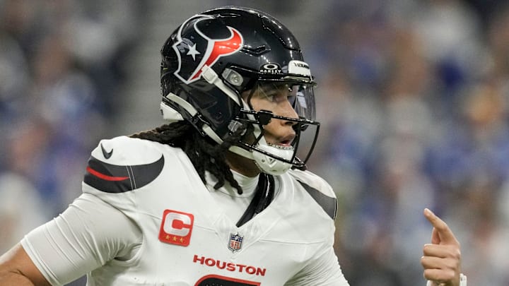 Houston Texans quarterback C.J. Stroud (7) looks to pass Sunday, Nov. 30, 2025, during a game against the Indianapolis Colts at Lucas Oil Stadium in Indianapolis. Houston Texans quarterback C.J. Stroud (7) looks to pass Sunday, Nov. 30, 2025, during a game against the Indianapolis Colts at Lucas Oil Stadium in Indianapolis.