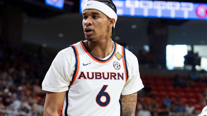 Auburn Tigers guard Elyjah Freeman (6) celebrates his block as Auburn Tigers take on Seattle Redhawks during the second round of the National Invitation Tournament at Neville Arena in Auburn, Ala. on Sunday, March 22, 2026.