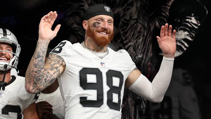 Las Vegas Raiders defensive end Maxx Crosby waits to take the field before a game against the Houston Texans at Reliant Stadium. Las Vegas Raiders defensive end Maxx Crosby waits to take the field before a game against the Houston Texans at Reliant Stadium.