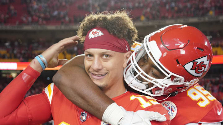Nov 6, 2022; Kansas City, Missouri, USA; Kansas City Chiefs defensive tackle Chris Jones (95) celebrates with quarterback Patrick Mahomes (15) after the win over the Tennessee Titans at GEHA Field at Arrowhead Stadium. Mandatory Credit: Denny Medley-Imagn Images Nov 6, 2022; Kansas City, Missouri, USA; Kansas City Chiefs defensive tackle Chris Jones (95) celebrates with quarterback Patrick Mahomes (15) after the win over the Tennessee Titans at GEHA Field at Arrowhead Stadium. Mandatory Credit: Denny Medley-Imagn Images