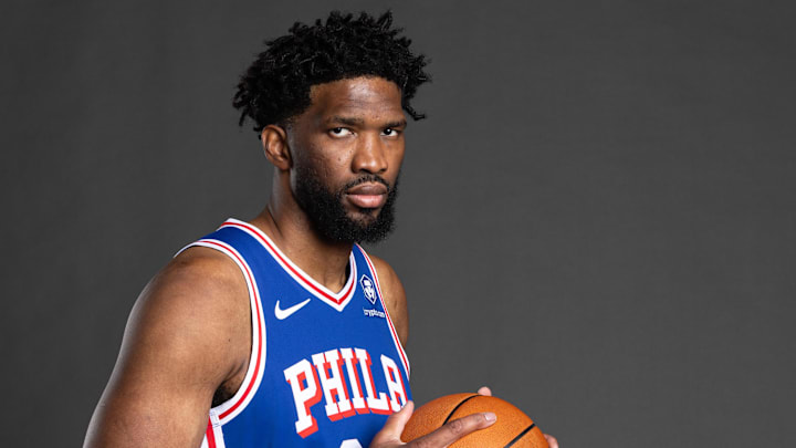 Sep 30, 2024; Camden, NJ, USA; Philadelphia 76ers center Joel Embiid (21) poses for a photo on media day at the Philadelphia 76ers Training Complex. Mandatory Credit: Bill Streicher-Imagn Images