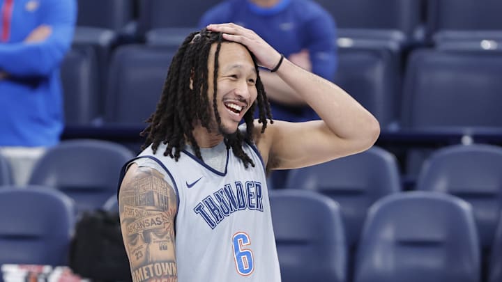 Jun 4, 2025; Oklahoma City, OK, USA; Oklahoma City Thunder forward Jaylin Williams (6) during NBA Finals Media Day at Paycom Center. Mandatory Credit: Alonzo Adams-Imagn Images