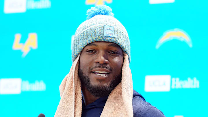 Apr 27, 2026; El Segundo, CA, USA; Los Angeles Chargers linebacker Denzel Perryman speaks at press conference at The Bolt. Mandatory Credit: Kirby Lee-Imagn Images