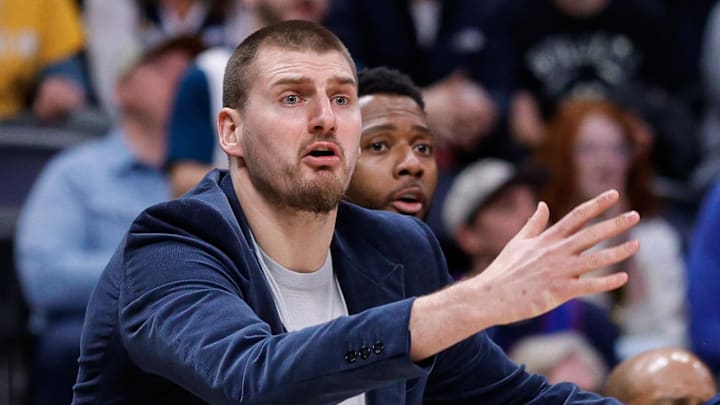 Jan 11, 2026; Denver, Colorado, USA; Denver Nuggets center Nikola Jokic reacts from the bench in the fourth quarter against the Milwaukee Bucks at Ball Arena. Mandatory Credit: Isaiah J. Downing-Imagn Images