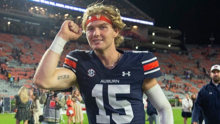 Auburn Tigers quarterback Hank Brown (15) walks off the field after the game as Auburn Tigers take on New Mexico Lobos at Jordan-Hare Stadium in Auburn, Ala., on Saturday, Sept. 14, 2024. Auburn Tigers defeated New Mexico Lobos 45-19.