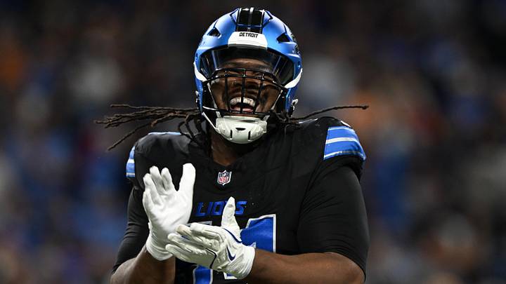 Oct 20, 2025; Detroit, Michigan, USA; Detroit Lions defensive tackle Alim McNeill (54) reacts after a tackle against the Tampa Bay Buccaneers during the first half at Ford Field. Mandatory Credit: Lon Horwedel-Imagn Images