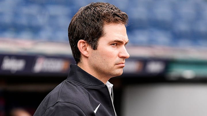 Detroit Tigers president of baseball operations Scott Harris watches warm up before Game 2 of ALDS at Progressive Field in Cleveland, Ohio on Monday, Oct. 7, 2024. Detroit Tigers president of baseball operations Scott Harris watches warm up before Game 2 of ALDS at Progressive Field in Cleveland, Ohio on Monday, Oct. 7, 2024.