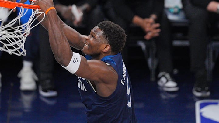 May 24, 2025; Minneapolis, Minnesota, USA; Minnesota Timberwolves guard Anthony Edwards (5) dunks the ball against the Oklahoma City Thunder during the first half in game three of the western conference finals for the 2025 NBA Playoffs at Target Center. Mandatory Credit: Brad Rempel-Imagn Images May 24, 2025; Minneapolis, Minnesota, USA; Minnesota Timberwolves guard Anthony Edwards (5) dunks the ball against the Oklahoma City Thunder during the first half in game three of the western conference finals for the 2025 NBA Playoffs at Target Center. Mandatory Credit: Brad Rempel-Imagn Images