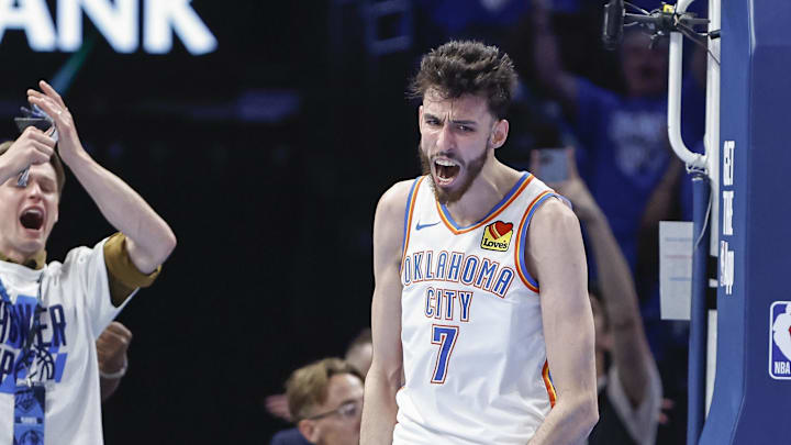 May 7, 2024; Oklahoma City, Oklahoma, USA; Oklahoma City Thunder forward Chet Holmgren (7) celebrates after a basket against the Dallas Mavericks during the second half of game one of the second round for the 2024 NBA playoffs at Paycom Center. Mandatory Credit: Alonzo Adams-USA TODAY Sports May 7, 2024; Oklahoma City, Oklahoma, USA; Oklahoma City Thunder forward Chet Holmgren (7) celebrates after a basket against the Dallas Mavericks during the second half of game one of the second round for the 2024 NBA playoffs at Paycom Center. Mandatory Credit: Alonzo Adams-USA TODAY Sports