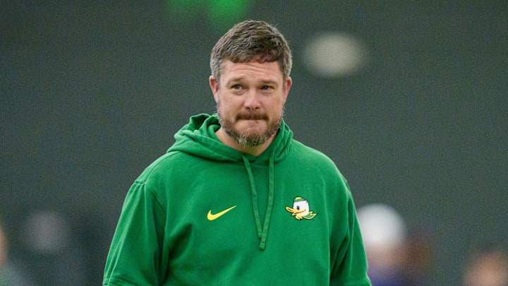 Oregon head coach Dan Lanning attends Oregon Pro Day on March 17, 2026, at the Moshofsky Center in Eugene, Oregon.