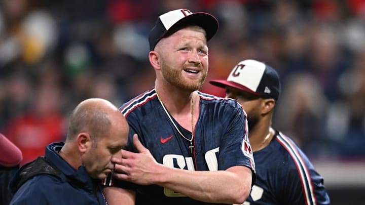 May 30, 2025; Cleveland, Ohio, USA; Cleveland Guardians relief pitcher Andrew Walters (91) leaves the game with an apparent injury during the ninth inning against the Los Angeles Angels at Progressive Field. Mandatory Credit: Ken Blaze-Imagn Images