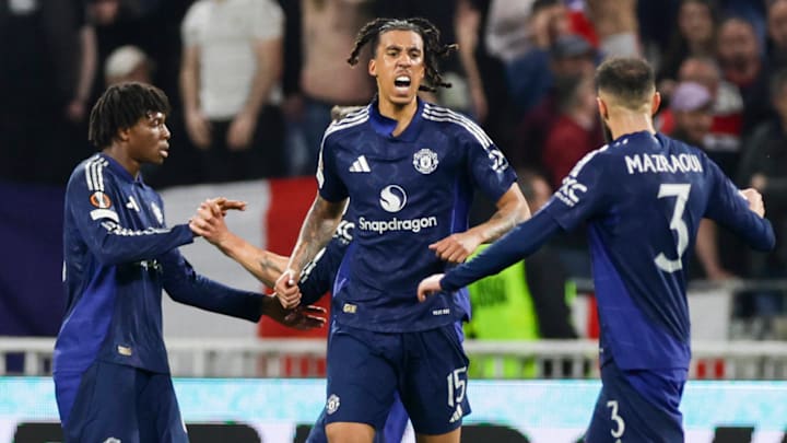 Leny Yoro (middle) scored his first career goal for Manchester United on the night. 