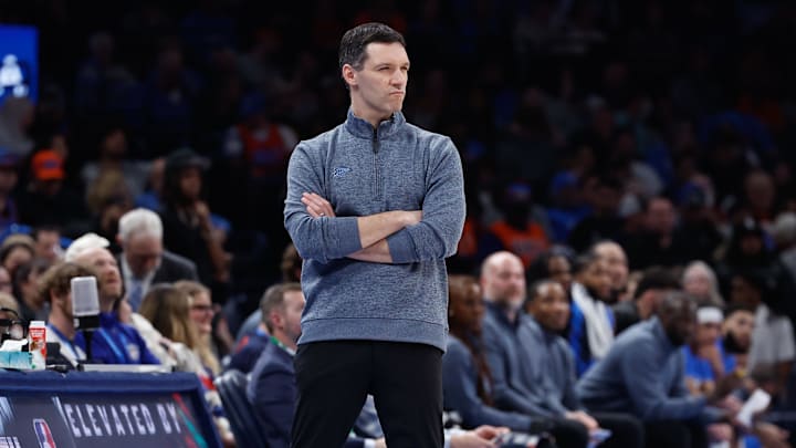 Feb 5, 2025; Oklahoma City, Oklahoma, USA; Oklahoma City Thunder head coach Mark Daigneault watches his team play against the Phoenix Suns during the second half of a game at Paycom Center. Mandatory Credit: Alonzo Adams-Imagn Images Feb 5, 2025; Oklahoma City, Oklahoma, USA; Oklahoma City Thunder head coach Mark Daigneault watches his team play against the Phoenix Suns during the second half of a game at Paycom Center. Mandatory Credit: Alonzo Adams-Imagn Images