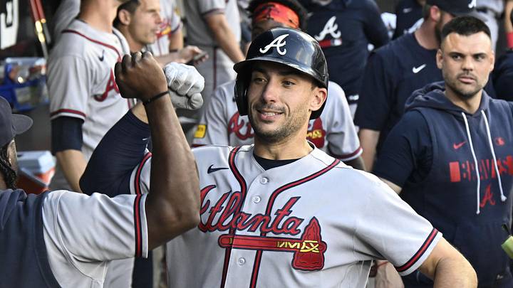 Jun 9, 2026; Chicago, Illinois, USA;  Atlanta Braves first baseman Matt Olson (28) celebrates in the dugout after hitting a home run during the third inning against the Chicago White Sox at Rate Field. Mandatory Credit: Matt Marton-Imagn Images