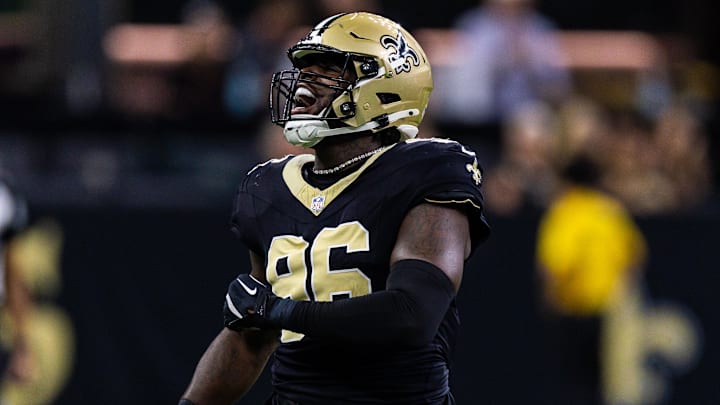 Aug 23, 2025; New Orleans, Louisiana, USA; New Orleans Saints defensive end Carl Granderson (96) reacts to a play against the Denver Broncos during the first half at Caesars Superdome. Mandatory Credit: Stephen Lew-Imagn Images