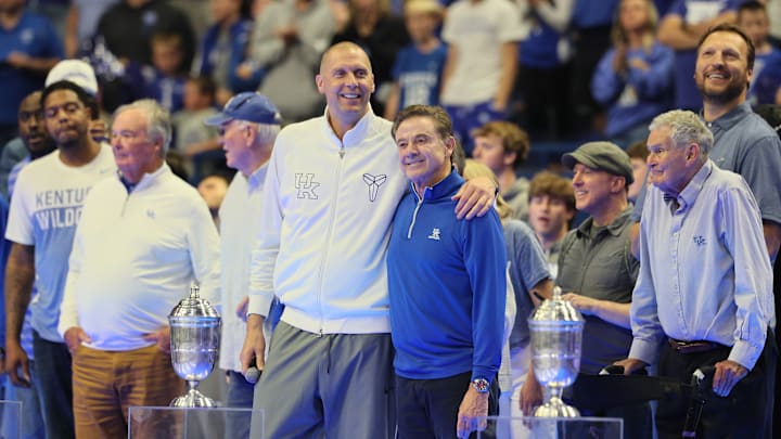Kentucky's Big Blue Madness; Kentucky head coach Mark Pope stands with St. John's head coach Rick Pitino