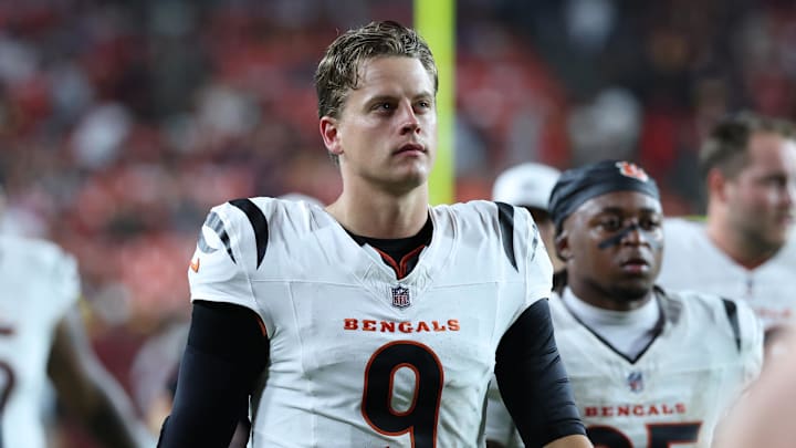 Aug 18, 2025; Landover, Maryland, USA; Cincinnati Bengals quarterback Joe Burrow (9) walks off the field during half time against Washington Commanders at Northwest Stadium. Mandatory Credit: Amber Searls-Imagn Images