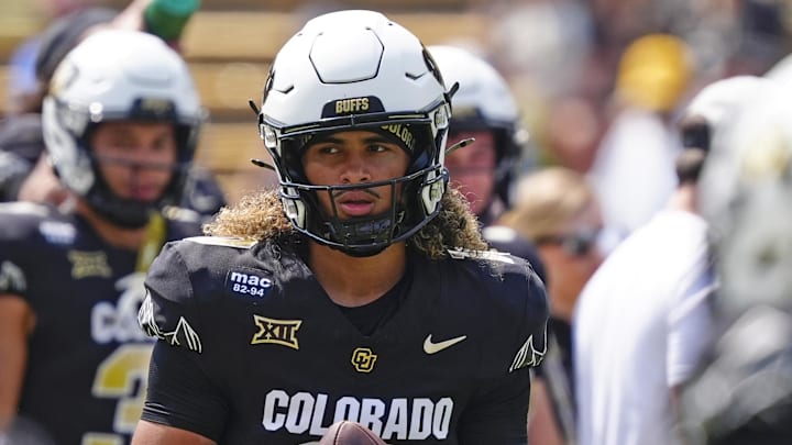 Sep 6, 2025; Boulder, Colorado, USA; Colorado Buffaloes quarterback Julian Lewis (10) before the game against the Delaware Fightin Blue Hens at Folsom Field. Mandatory Credit: Ron Chenoy-Imagn Images
