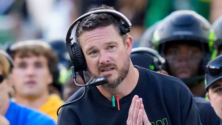 Oregon head coach Dan Lanning watches his final kickoff bounce down the sideline as the Oregon Ducks host the UCLA Bruins on Oct. 10, 2026, at Autzen Stadium in Eugene, Oregon. Oregon head coach Dan Lanning watches his final kickoff bounce down the sideline as the Oregon Ducks host the UCLA Bruins on Oct. 10, 2026, at Autzen Stadium in Eugene, Oregon.