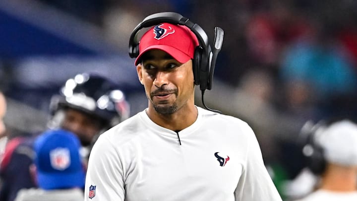 Aug 25, 2022; Houston, Texas, USA;  Houston Texans cornerbacks coach Dino Vasso looks on during the second half against the San Francisco 49ers at NRG Stadium. Mandatory Credit: Maria Lysaker-Imagn Images