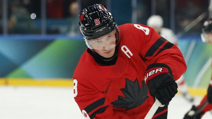 Feb 13, 2026; Milan, Italy; Cale Makar of Canada during the warm up before the match against Switzerland in men's ice hockey group A play during the Milano Cortina 2026 Olympic Winter Games at Milano Santagiulia Ice Hockey Arena. Mandatory Credit: Geoff Burke-Imagn Images Feb 13, 2026; Milan, Italy; Cale Makar of Canada during the warm up before the match against Switzerland in men's ice hockey group A play during the Milano Cortina 2026 Olympic Winter Games at Milano Santagiulia Ice Hockey Arena. Mandatory Credit: Geoff Burke-Imagn Images