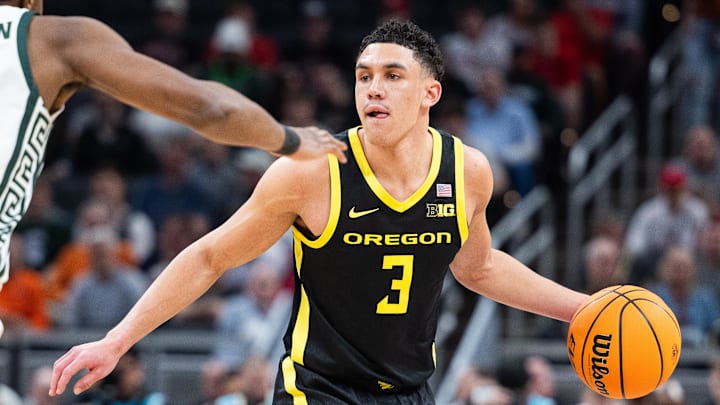 Mar 14, 2025; Indianapolis, IN, USA; Oregon Ducks guard Jackson Shelstad.