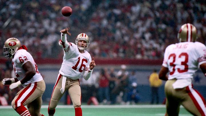 Jan 28, 1990; New Orleans, LA, USA; FILE PHOTO; San Francisco 49ers Quarterback #16 JOE MONTANA in action during Super Bowl XXIV against the Denver Broncos at the Superdome. The 49ers defeated the Broncos 55-10. Montana was named the most valuable player for a record third time as he completed 22 of 29 passes for 297 yards and a Super Bowl record 5 touchdowns. Mandatory Credit: Photo By USA TODAY Sports © Copyright 1990 USA TODAY Sports Jan 28, 1990; New Orleans, LA, USA; FILE PHOTO; San Francisco 49ers Quarterback #16 JOE MONTANA in action during Super Bowl XXIV against the Denver Broncos at the Superdome. The 49ers defeated the Broncos 55-10. Montana was named the most valuable player for a record third time as he completed 22 of 29 passes for 297 yards and a Super Bowl record 5 touchdowns. Mandatory Credit: Photo By USA TODAY Sports © Copyright 1990 USA TODAY Sports