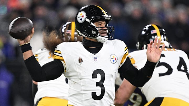 Jan 11, 2025; Baltimore, Maryland, USA; Pittsburgh Steelers quarterback Russell Wilson (3) passes in the second quarter against the Baltimore Ravens in an AFC wild card game at M&T Bank Stadium. Jan 11, 2025; Baltimore, Maryland, USA; Pittsburgh Steelers quarterback Russell Wilson (3) passes in the second quarter against the Baltimore Ravens in an AFC wild card game at M&T Bank Stadium.
