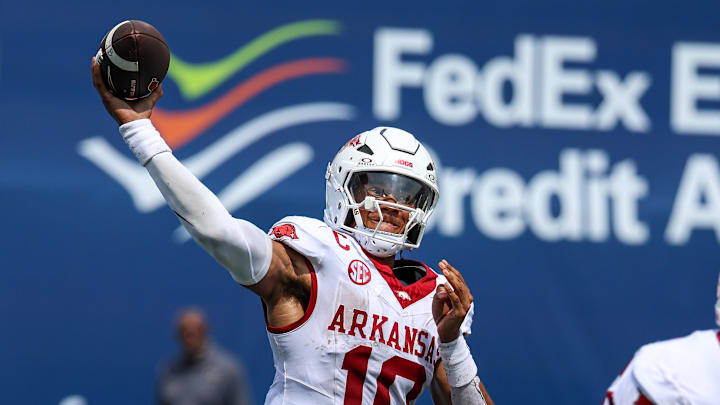 Arkansas Razorbacks quarterback Taylen Green (10) throws the ball against the Memphis Tigers during the second half at Simmons Bank Liberty Stadium.